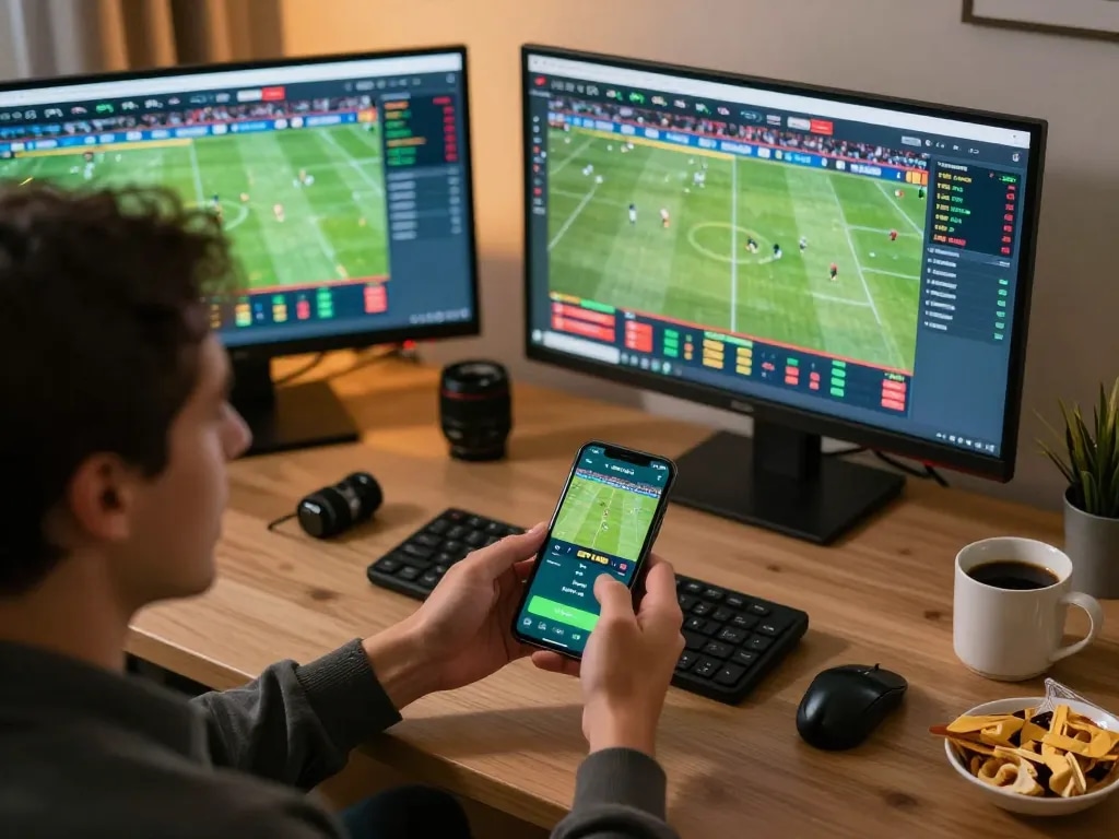 Bet strategically with tylekeo360 using a mobile app for live sports betting in a cozy home office setting.