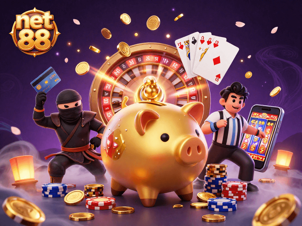 Join the excitement at net 88 with a vibrant scene featuring unique casino characters and elements.
