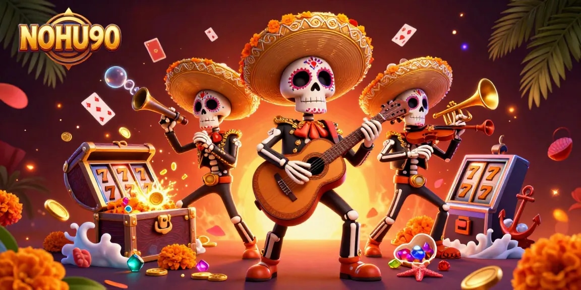 Engage with NOHU90 in a vibrant 3D illustration featuring a lively mariachi band, gold coins, and dynamic casino elements.