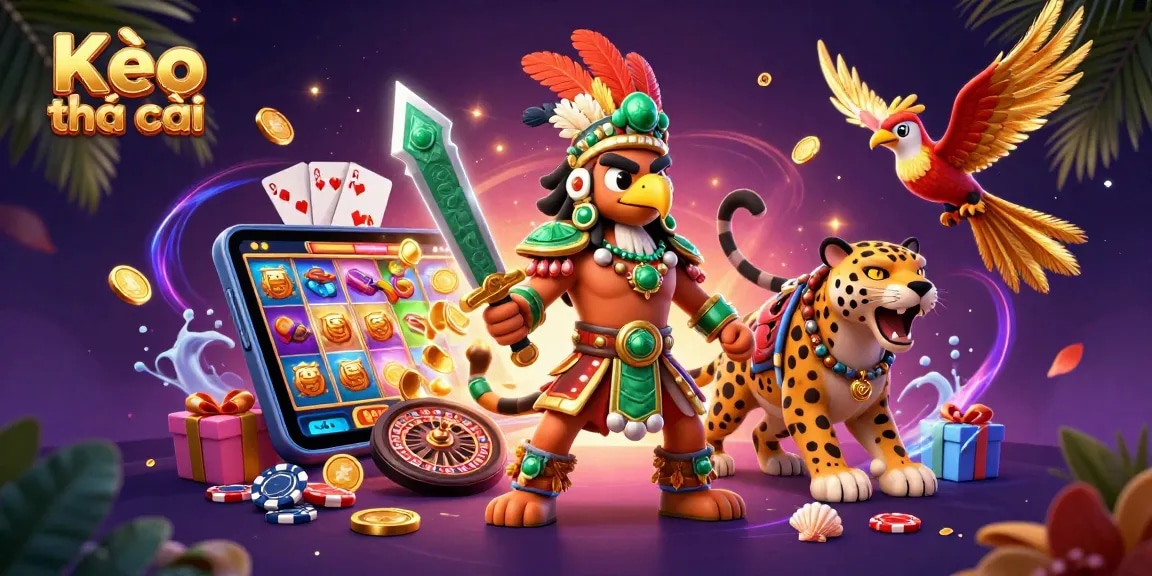 Engage with Kèo nhà cái in an ultra-detailed 3D illustration, showcasing slot games and vibrant casino elements.