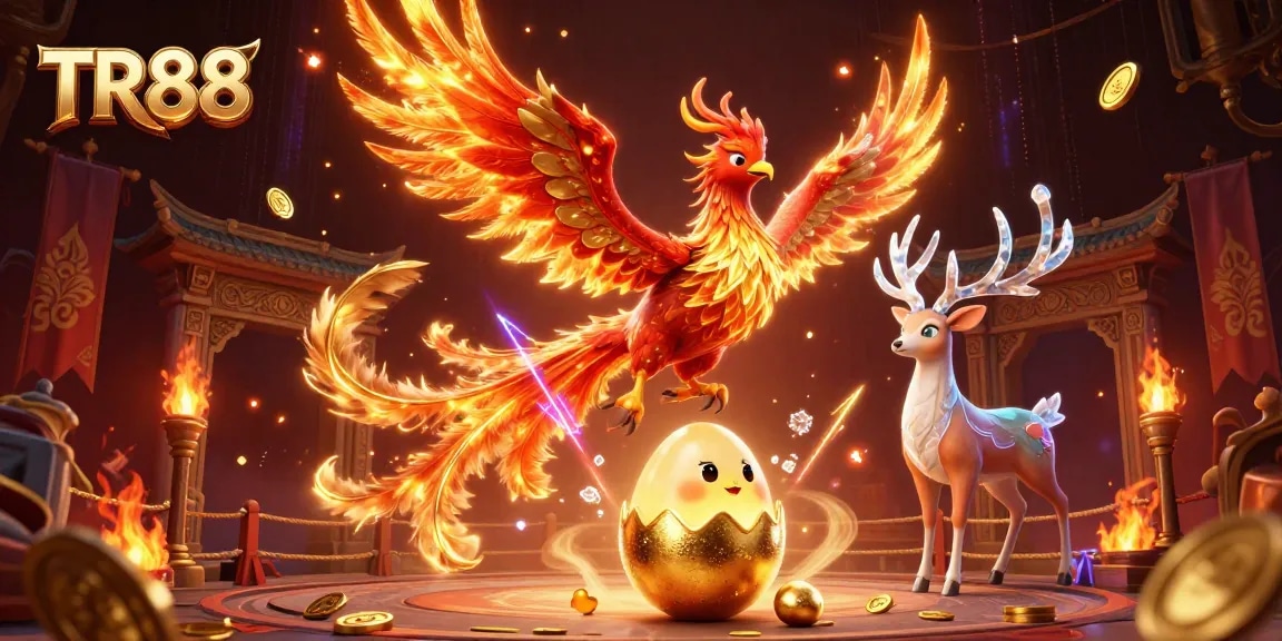 TR88 energizes gamers with a vivid 3D fantasy scene involving a phoenix and a stag amidst swirling golden game elements.