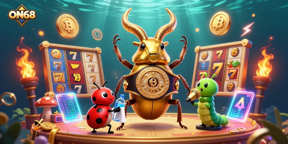 Spin and win at ON68 with vibrant slots and a championship showdown in a surreal casino scene.