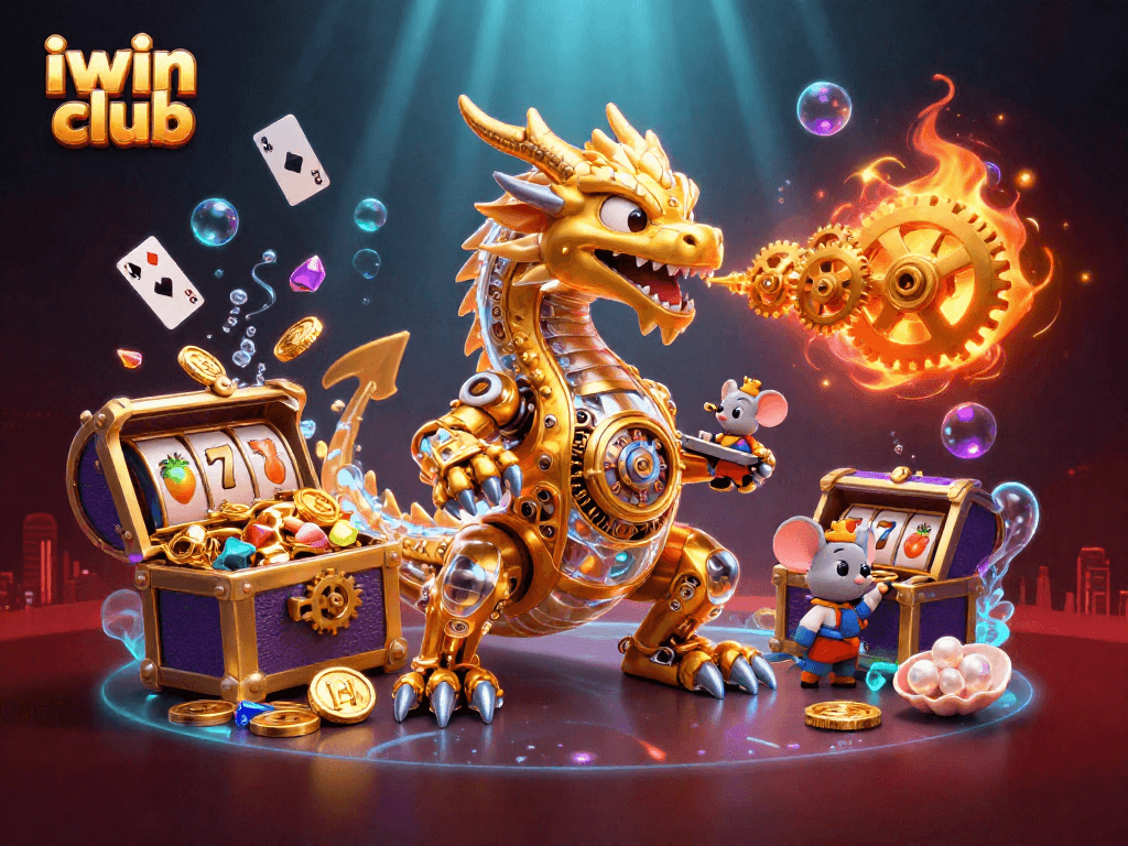 Enjoy thrilling wins at iwin club, featuring an intricate golden dragon and exciting slot elements.