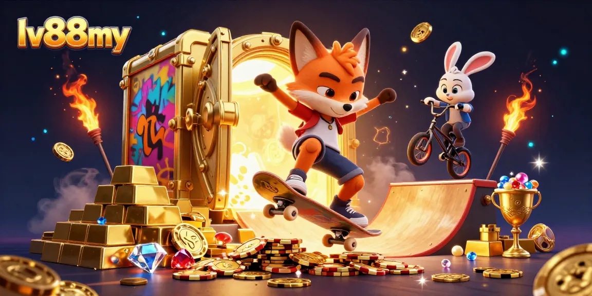Witness lv88my's vibrant casino adventure with a kickflipping fox and BMX-riding rabbit featured in dazzling gold.