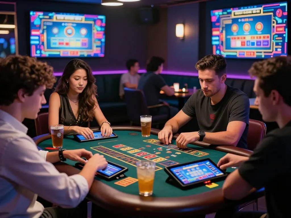 Friends enjoying lively baccarat game at 8KBET gaming lounge, vibrant atmosphere and modern design.