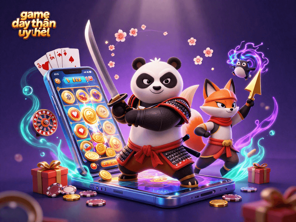 Engage with game đổi thưởng uy tín features in this vibrant 3D illustration of a samurai panda, ninja fox, and spirit tanuki.