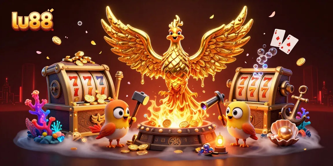 Experience thrilling wins with lu88's golden phoenix amidst colorful slot machine elements.