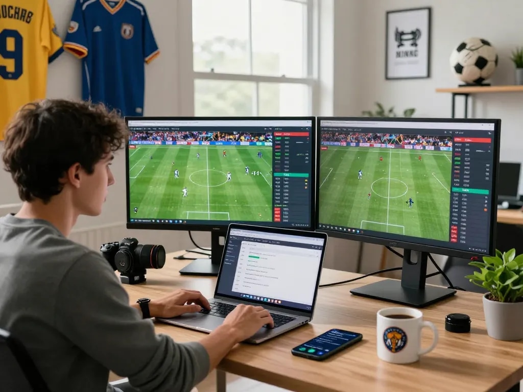 Engaged individual exploring web cá độ bóng đá betting odds in a modern home office.