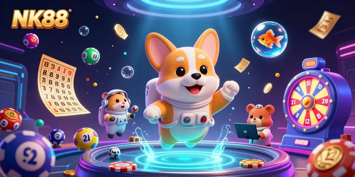 Play exciting games at NK88's vibrant space casino with floating characters and colorful lottery elements.