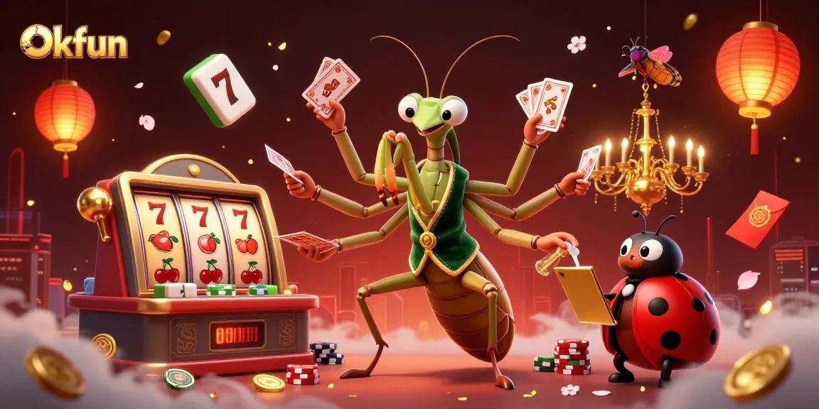 Okfun slot game scene with a giant praying mantis dealing cards, vibrant casino atmosphere.