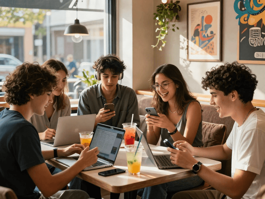 Engaging conversation about spicychat features in a vibrant café setting.
