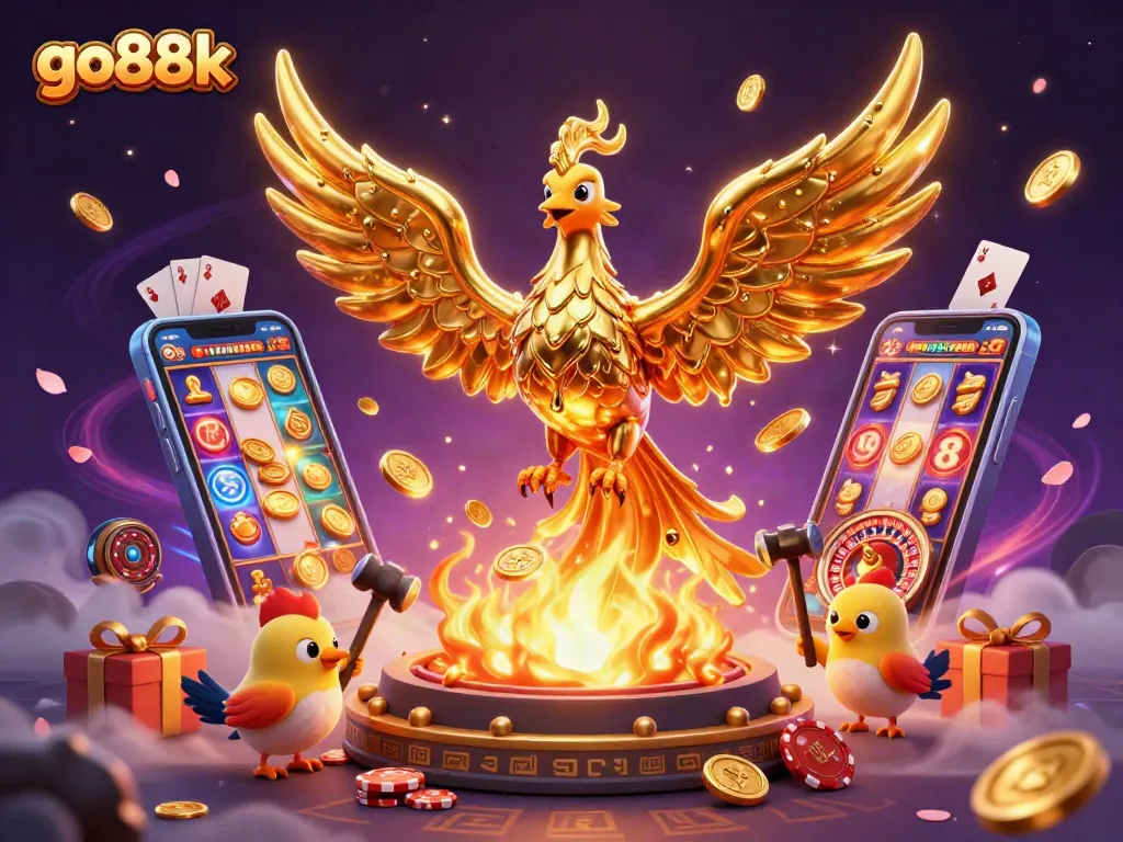 Engage in slots at go88k with a golden phoenix and vibrant casino elements in this captivating scene.