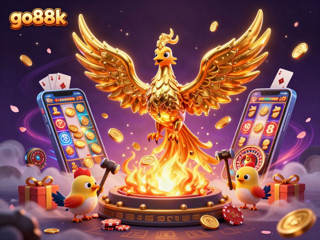 Engage in slots at go88k with a golden phoenix and vibrant casino elements in this captivating scene.