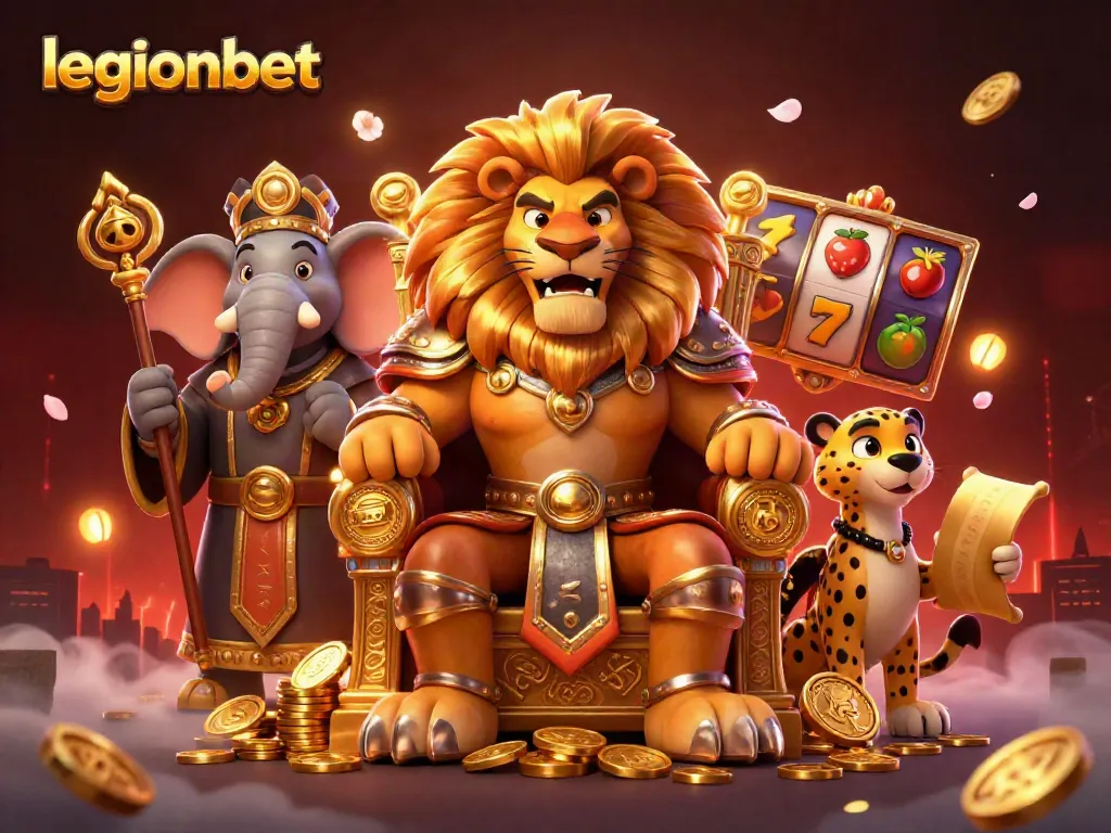 Spin with legionbet as a lion king rules the casino throne, surrounded by winning symbols.