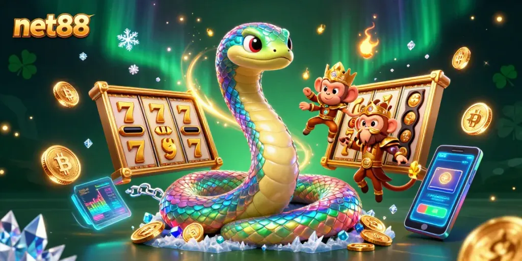 Bet and win with net88, depicted in an immersive 3D casino scene featuring slot reels and vibrant characters.