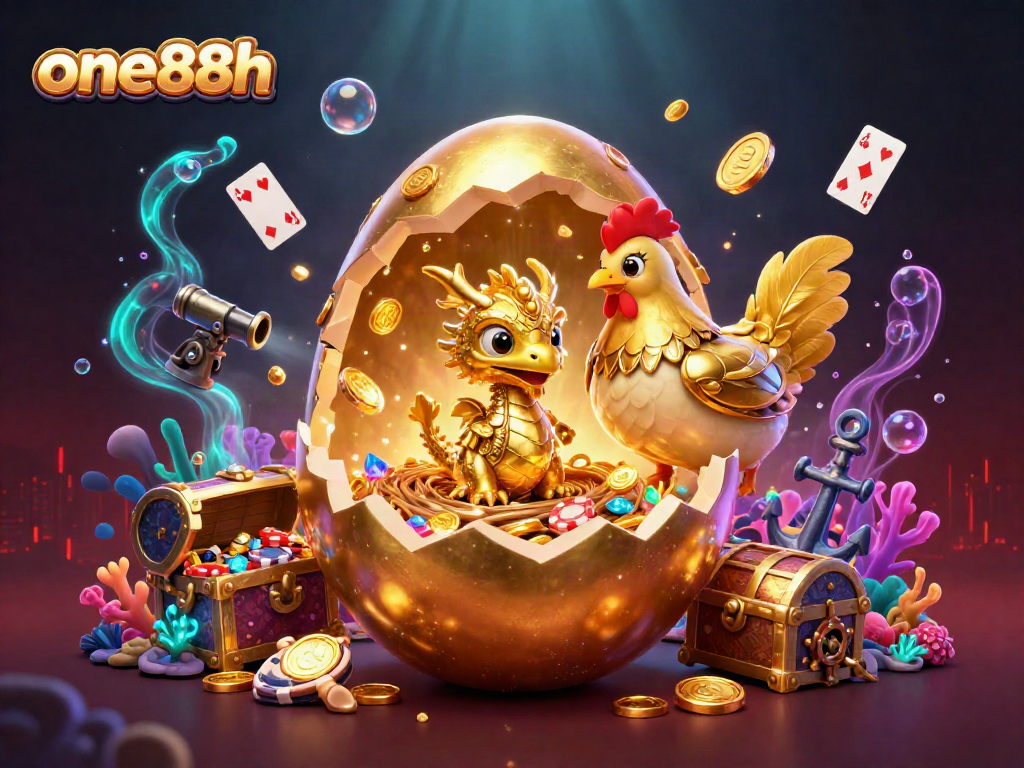 Experience thrilling gaming at one88h with a golden dragon guarding stacks of poker chips.