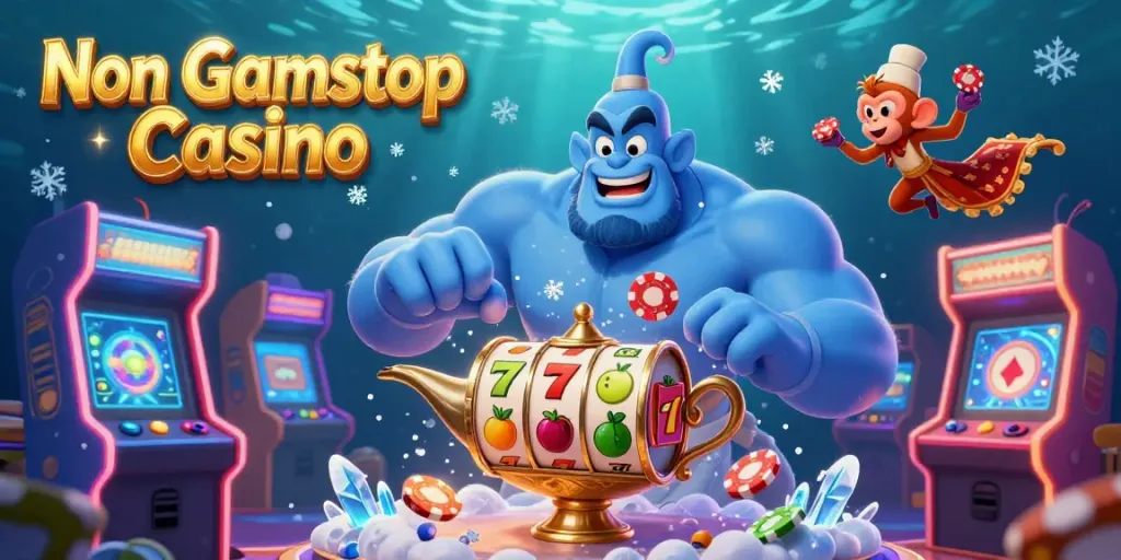 Experience the excitement at Non Gamstop Casino with a genie, monkey, and casino games illustration.