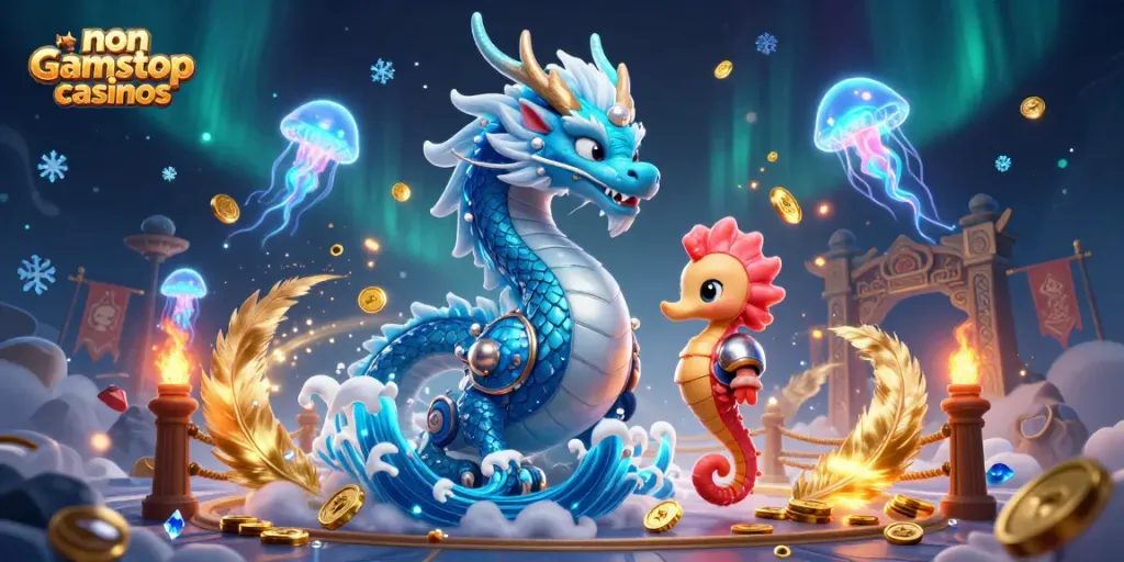 Engage with non gamstop casinos through a vivid 3D scene featuring a dragon, seahorse knight, and colorful jellyfish.