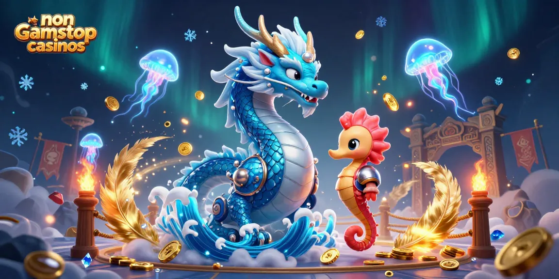Engage with non gamstop casinos through a vivid 3D scene featuring a dragon, seahorse knight, and colorful jellyfish.