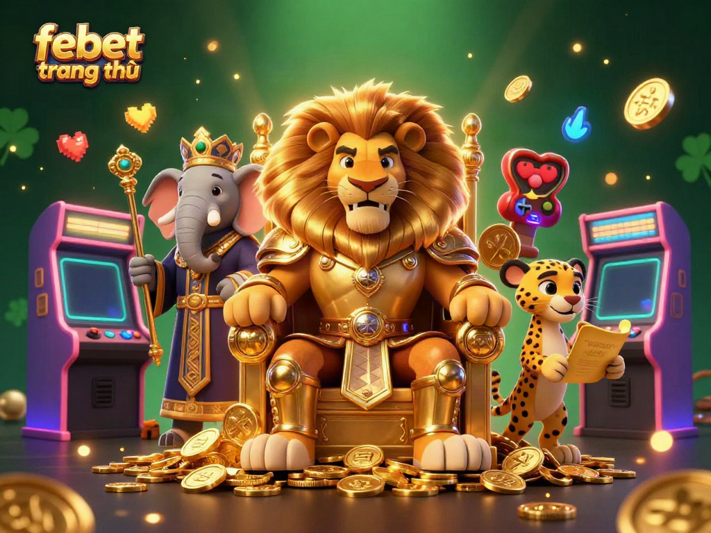 Engage in thrilling gaming at febet trang chủ with a majestic lion king, elephant advisor, and cheetah messenger amidst vibrant gaming elements.