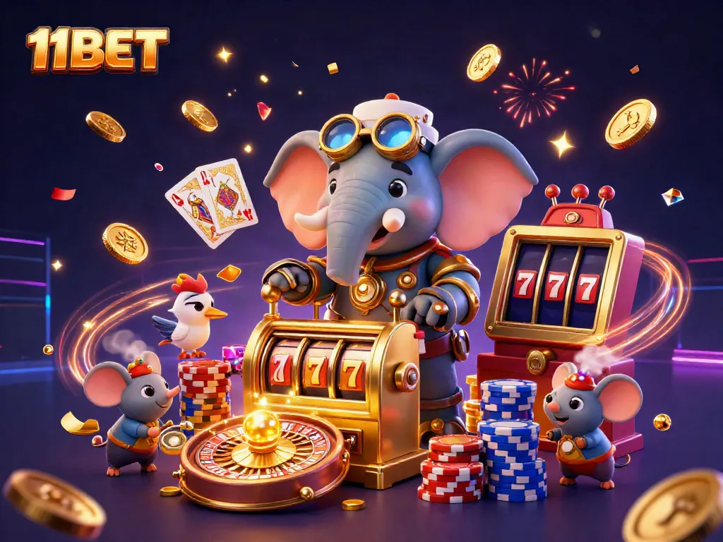 Engage in thrilling gameplay at 11BET with vibrant visuals featuring an elephant engineer, coins, and roulette.