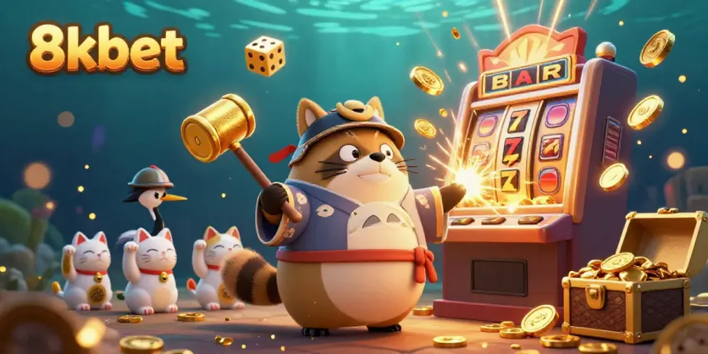 Experience the excitement of 8xbet with a vibrant 3D scene featuring a cheerful tanuki, lucky mallet, and jackpot elements.