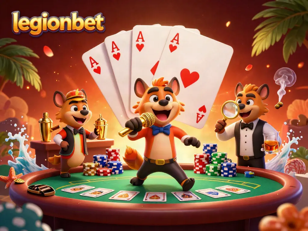 Experience the lively atmosphere at legionbet casino with colorful poker elements and vibrant hyena characters.