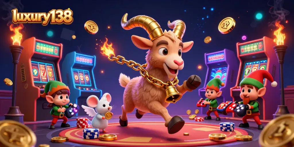 Elevate your gaming with luxury138's thrilling slot experience, showcasing vibrant casino elements and dynamic characters.