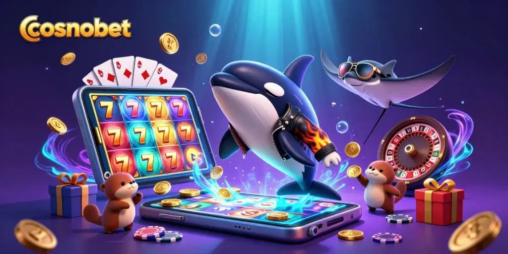 Spin the reels with cosmobet in an engaging underwater casino scene featuring lively characters.