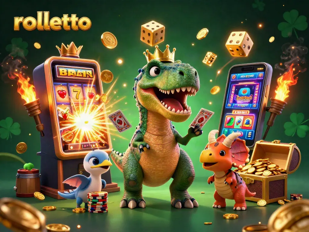 Engage in thrilling gameplay at rolletto while T-Rex shuffles cards and a baby triceratops stacks chips.