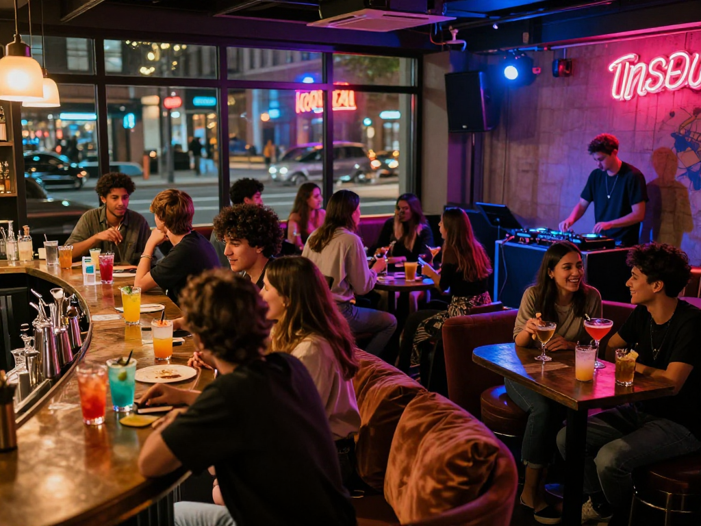 Nsfw urban nightlife scene showcasing stylish bar with diverse crowd enjoying cocktails and live music.