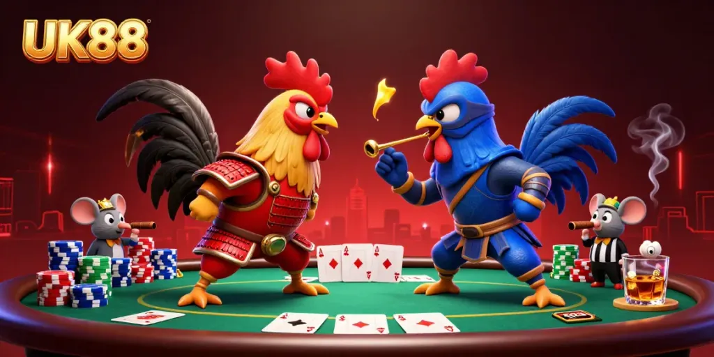 Engage with thrilling action as UK88's fighting roosters represent the ultimate showdown in a dynamic casino setting.