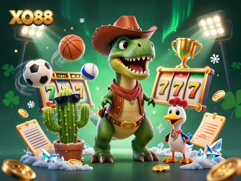 Engage with exciting slot games at XO88, featuring a dynamic T-Rex and friends in a vibrant casino scene.