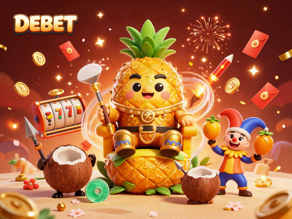 Experience the vibrant and lively atmosphere of DEBET with golden pineapple king at a beach casino, surrounded by festive elements.