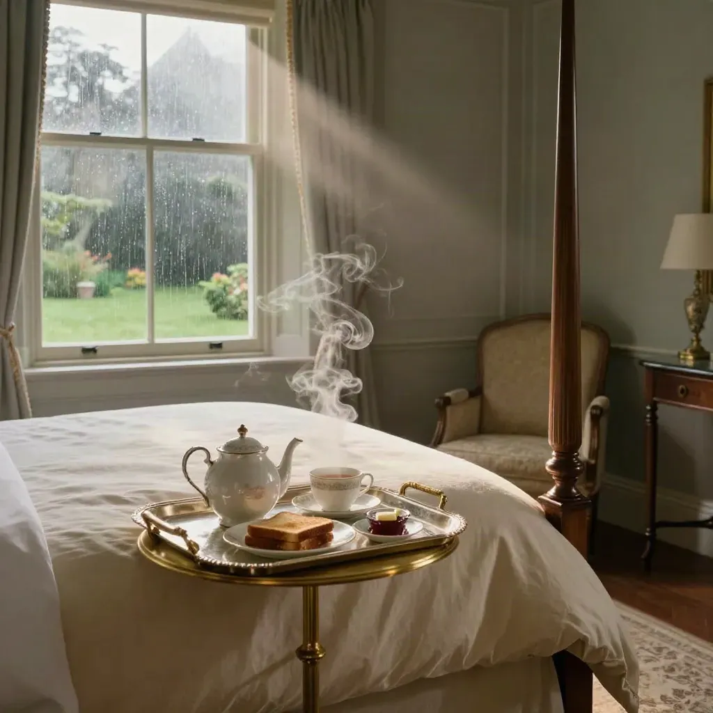 Rainy manor suite with four-poster bed, breakfast tray, and dawn light through rain-beaded glass.