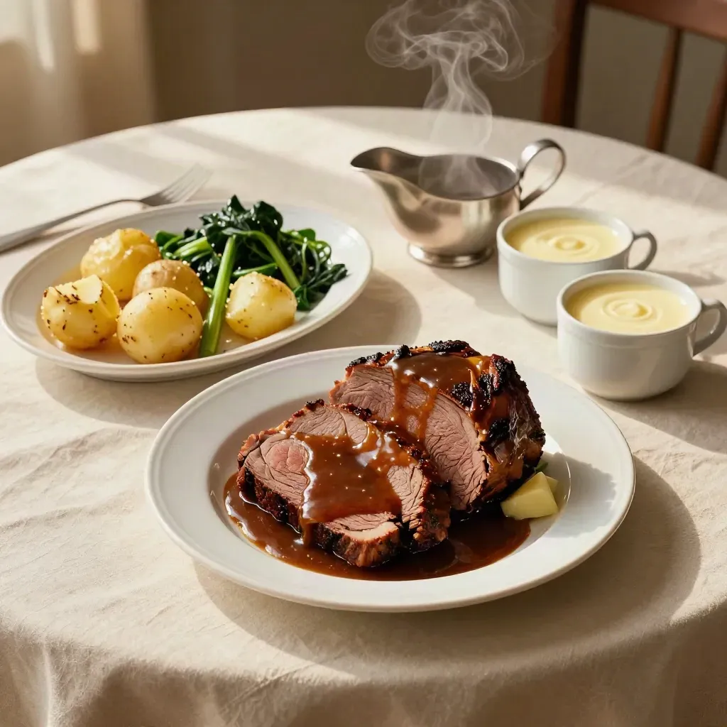Overhead Sunday lunch flat lay on cream linen with roast, potatoes, greens, gravy and puddings.