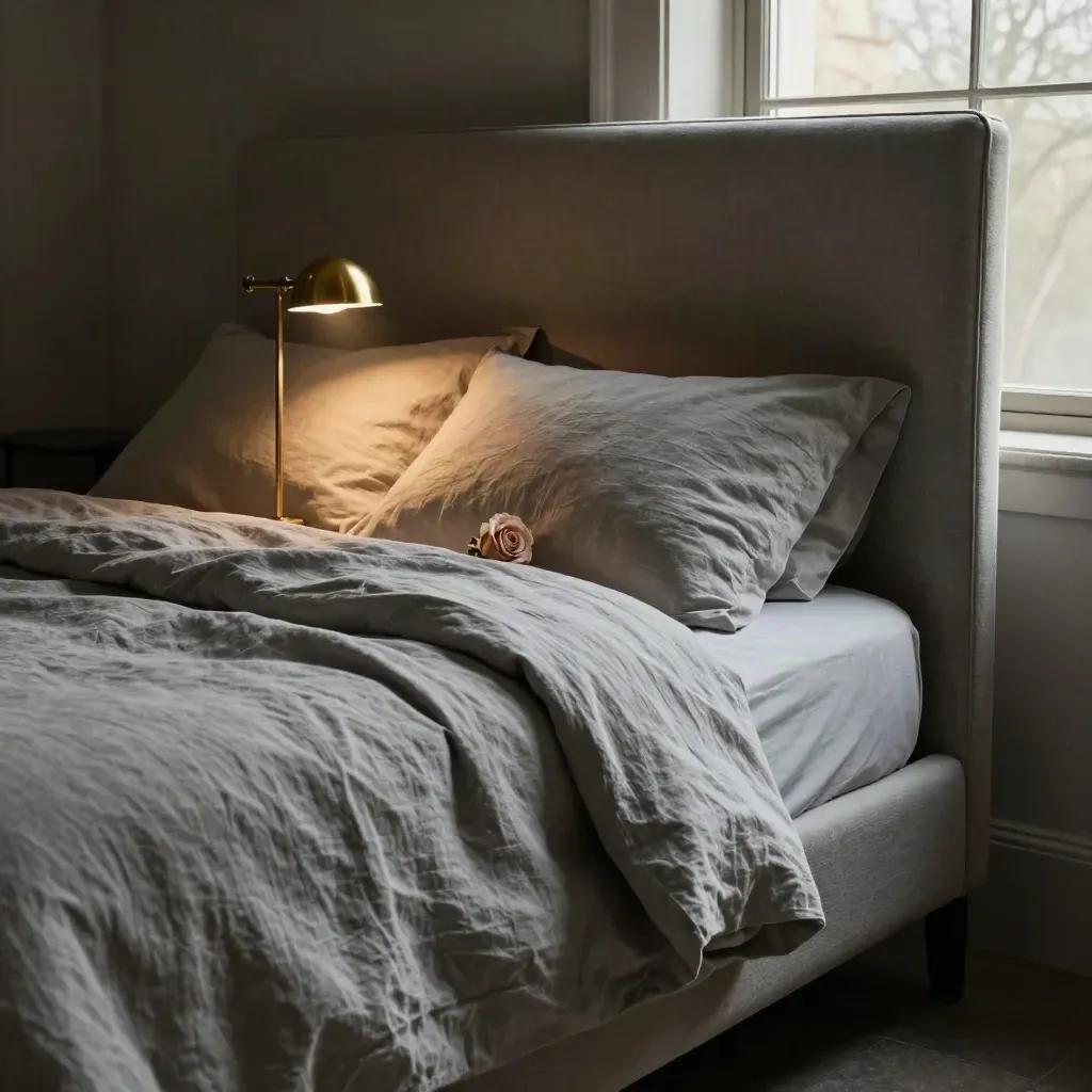 Heritage king bed with linen folds, brass lamp, rose and stone window detail.