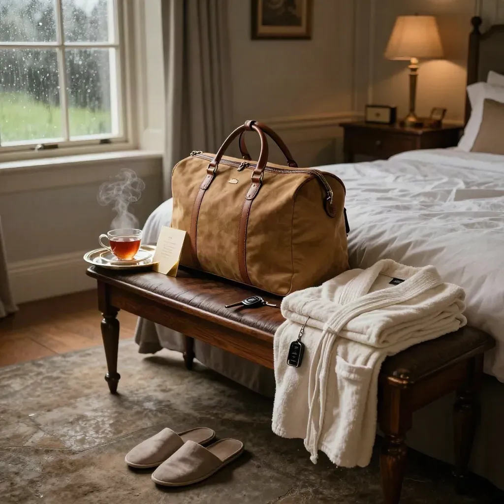 Rainy country-house suite with overnight bag, robe, slippers, tea tray and steam by the window.