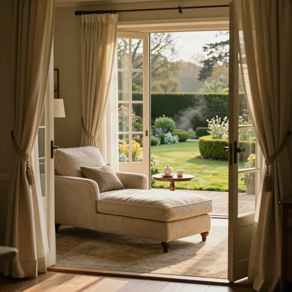 Garden suite lounge by open French doors with tea service and spring light