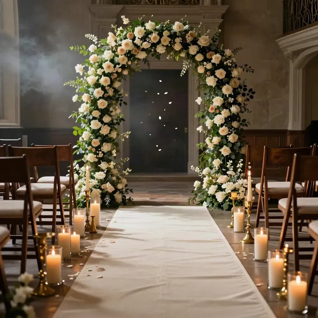 Ivory wedding aisle with floral arch, candles, and petals in a manor ceremony room.
