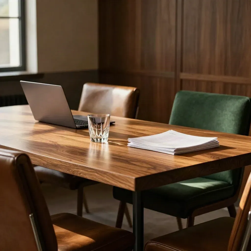 Oak meeting table with leather chairs, glasses, laptop and paper stack in a quiet manor room.