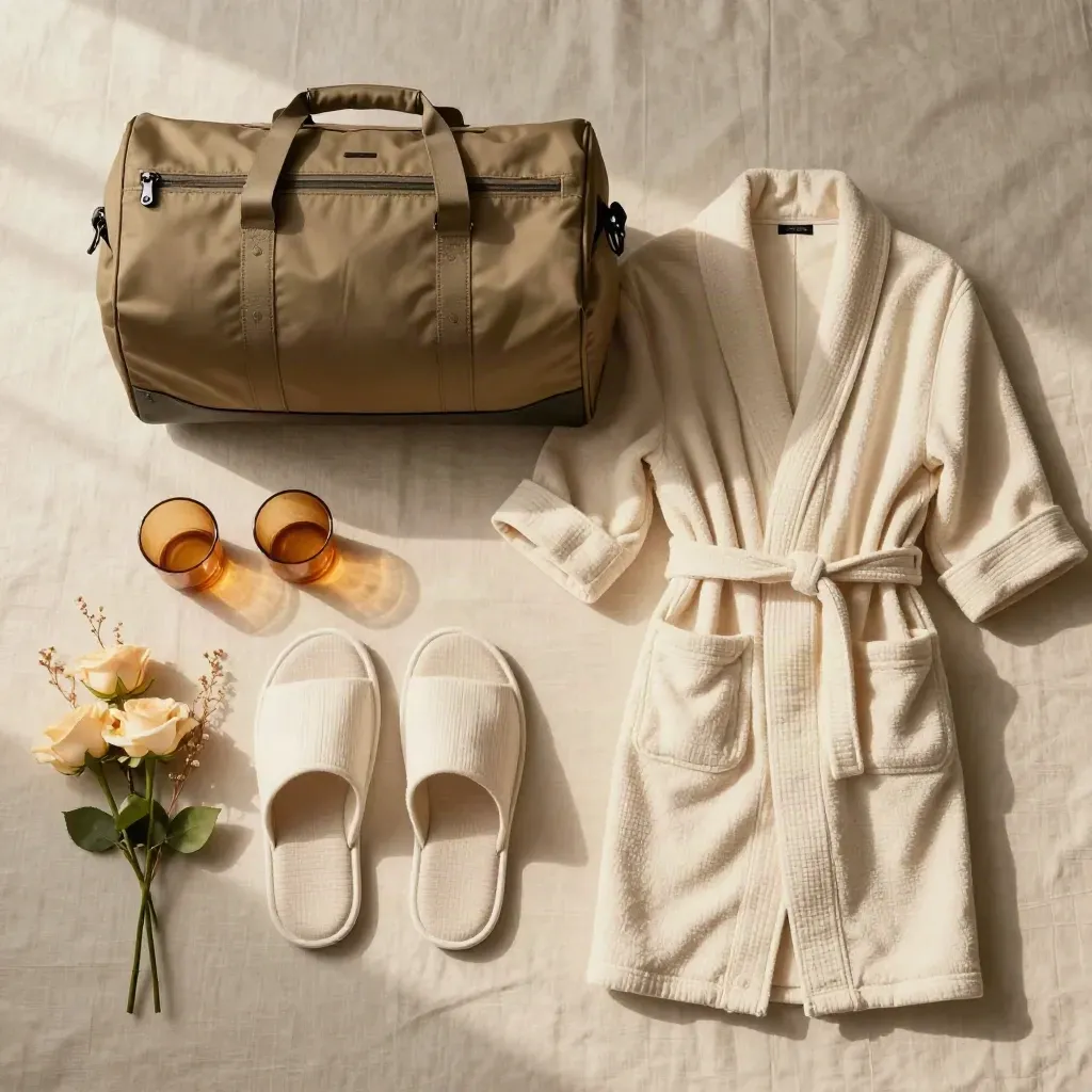 Overhead flat lay of a weekend break arrival kit with bag, slippers, robe, glasses and cream flowers.