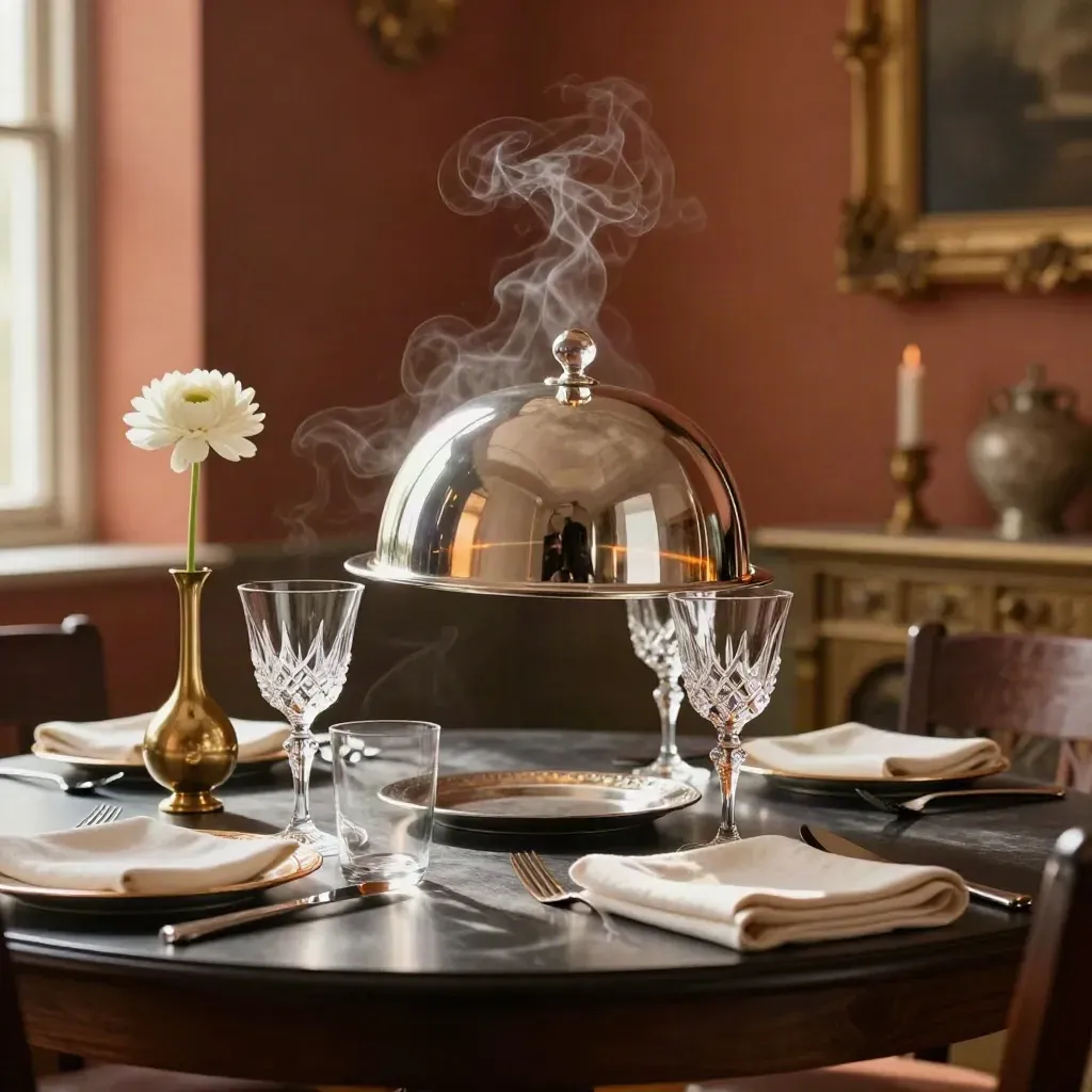 Luxury private dining table with cloche, crystal glassware, candlelight and steam in a manor room