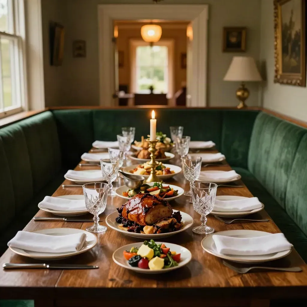 Candlelit manor dinner setting with velvet banquette, roast platters, brass candlesticks, and glowing doorway