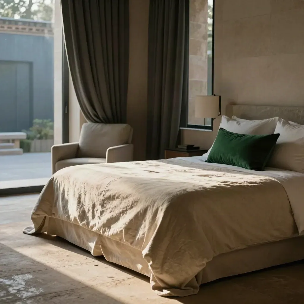 Stone-framed courtyard king room with linen bed, heavy curtains and a shadowed armchair.