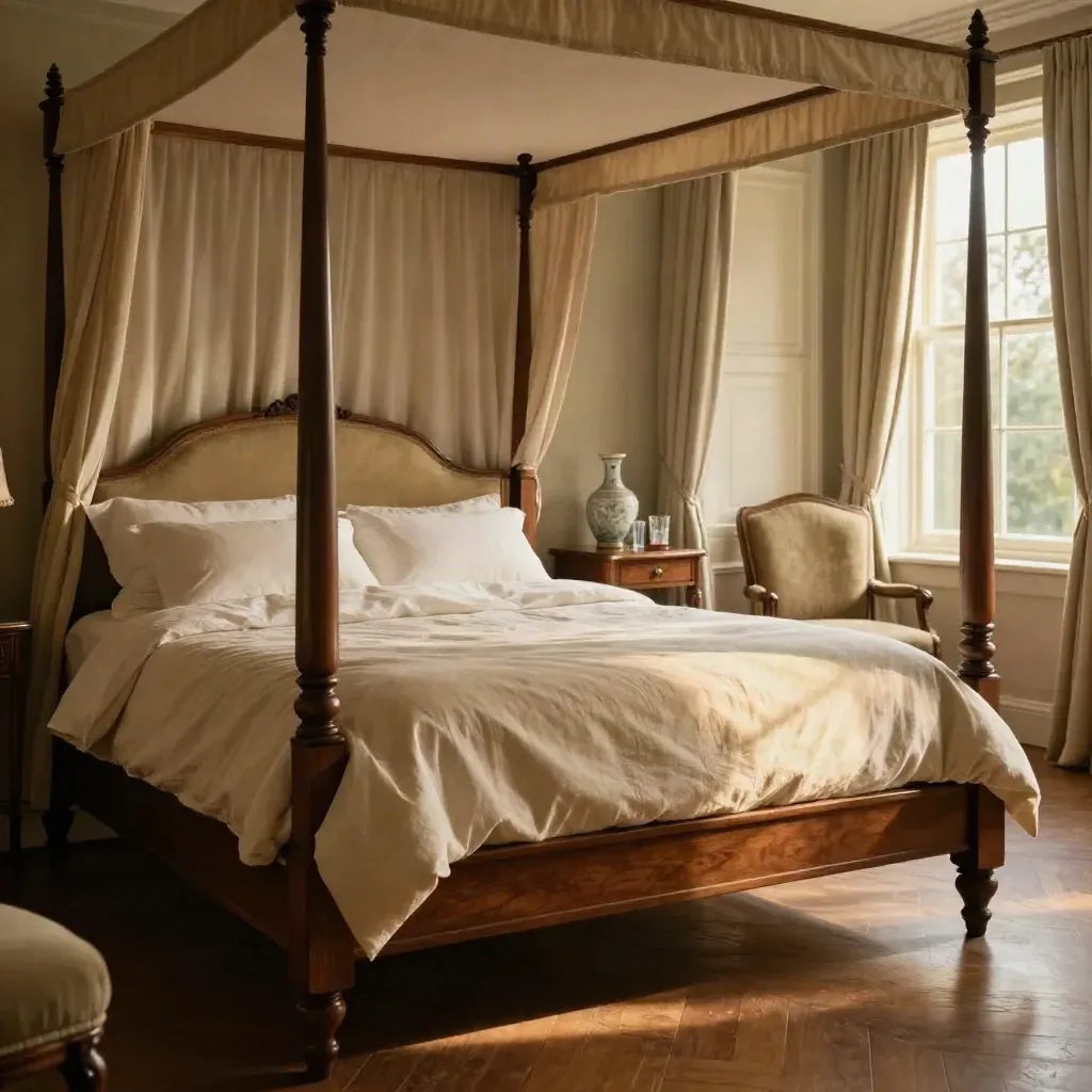 Four-poster manor suite bed with cream linen, chair, side table and sash window in morning light.