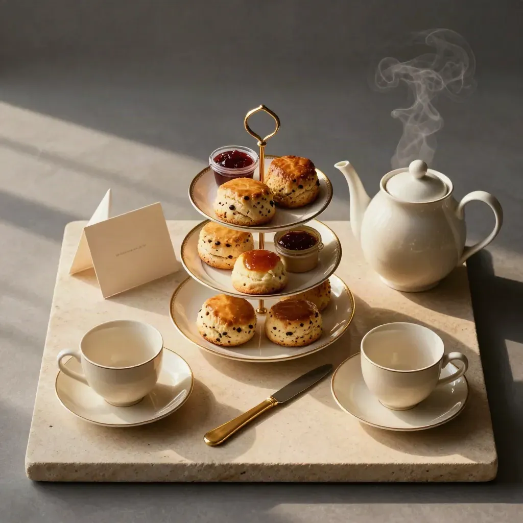 Top-down afternoon tea set for two with steam, scones, cups and brass accents.
