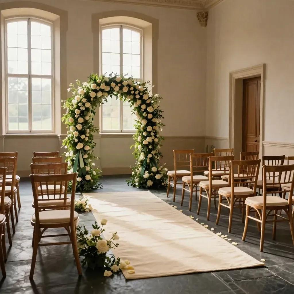 Low aisle-level view of a sunlit manor ceremony room with arch, runner and folded chairs.