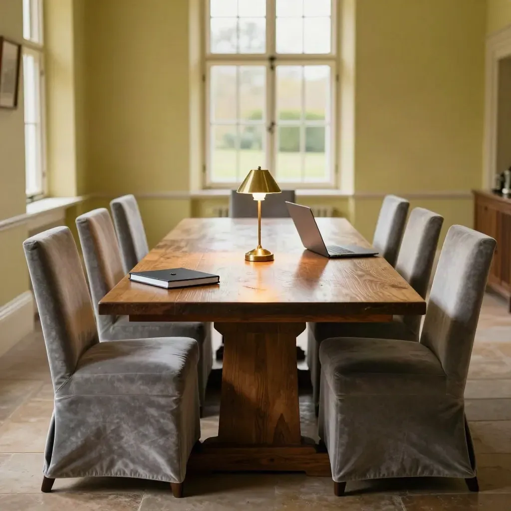 Heritage meeting room set for a business day hire with laptop, lamp and notebook