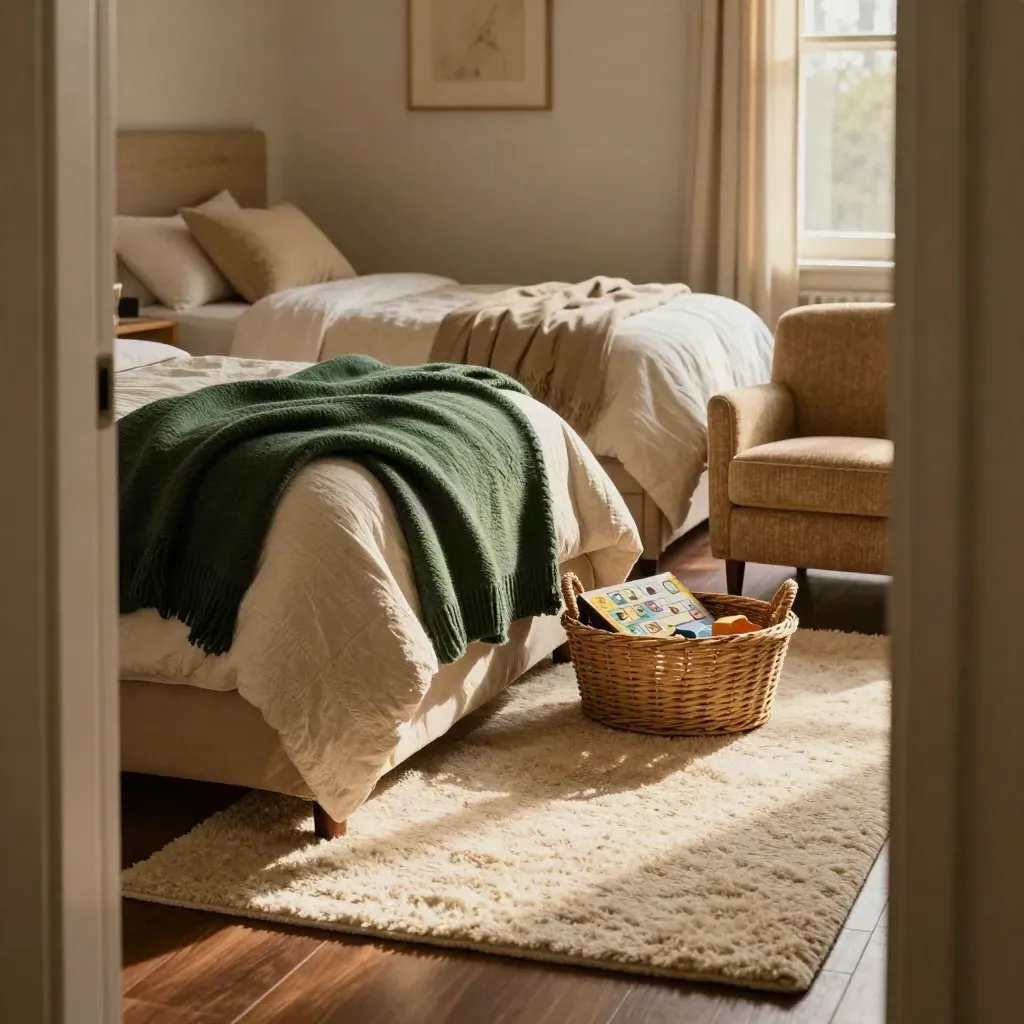 Family room textures with beds, green throw, games basket and rug in warm light.